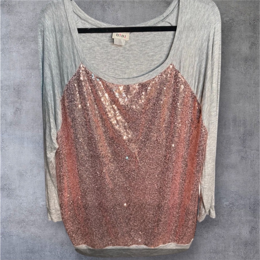 BiBi Long Sleeve Top with Pink Sequins and Gray Sleeves